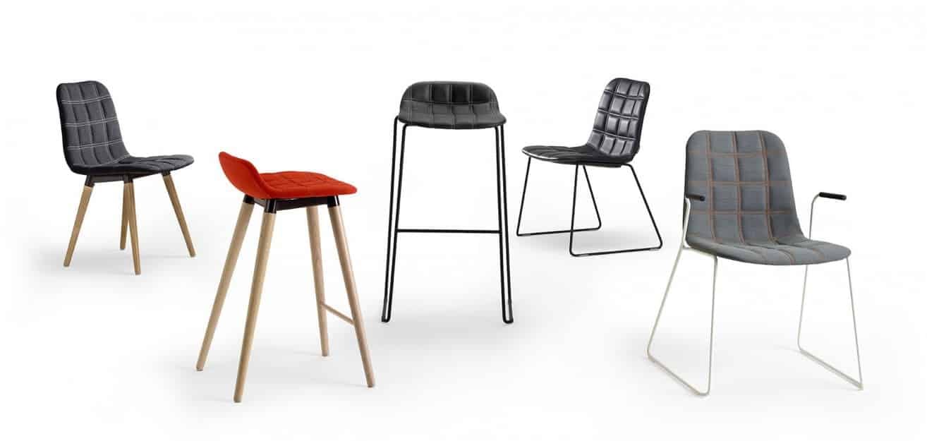 Bop seating family by Knudsen Berg Hindenes for Offecct – armchair, high metal-frame bar stool and lower wooden-frame bar stool, 2016