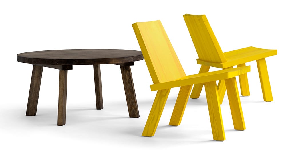 Pinzo family by David Ericsson for Blå Station – chair with three low tables and reversible leather and suede cushion