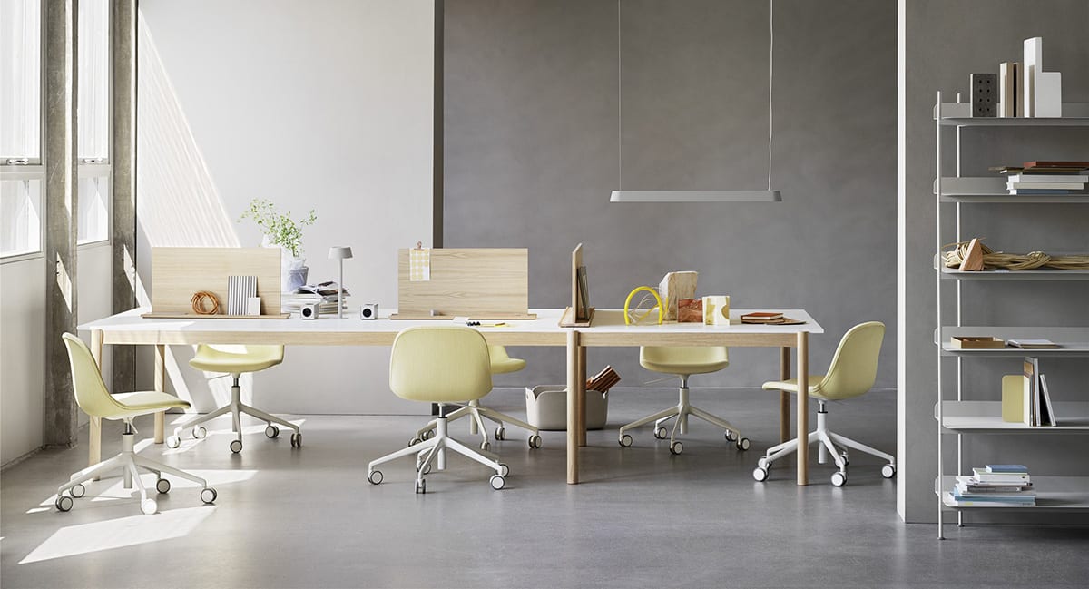 Linear System Modular Table Config 1 White Laminate Oak Fiber Side Swivel Castors Balder 432 Linear ... | Scandinavian Design