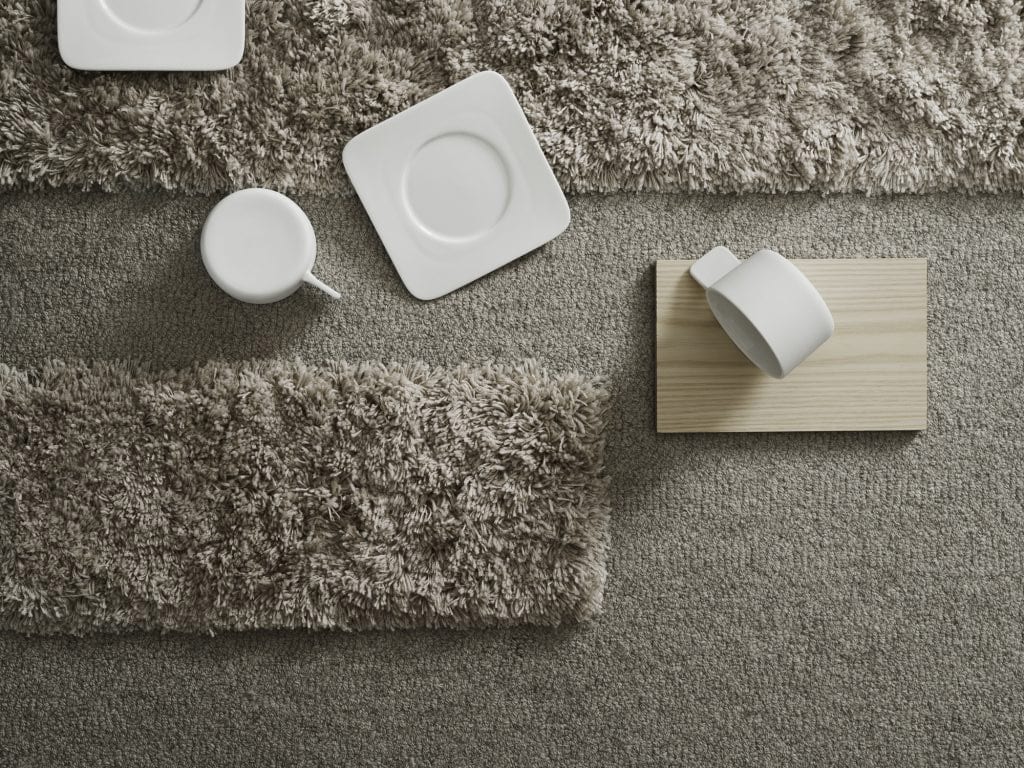 Space rug by Sundling Kickén for Ogeborg — cut pile in wool and botanical silk with looped wool areas, in Desert, Ivory and Oyster