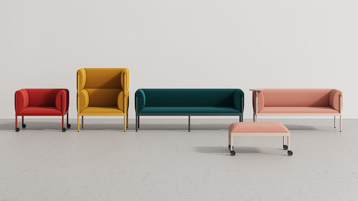 Stilt modular furniture arrangement displaying various configurations for hospitality and workspace environments