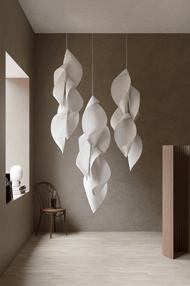 Shell Acoustic Pendant overview by Monica Förster Design Studio showing sculptural hemp fiber shells sound absorption