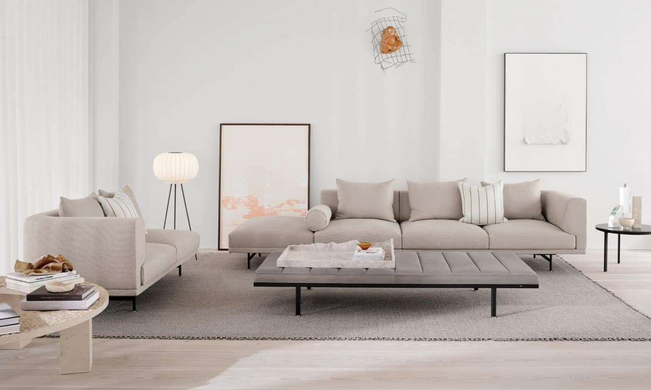 Vipp 581 Paper Floor Lamp overview showing textured paper shade on dark oak tripod base in minimalist interior setting