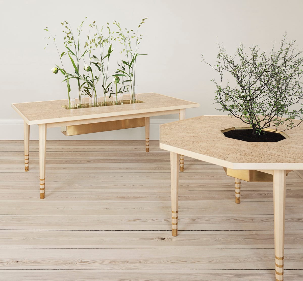 Nordan table Masur birch top octagonal brass legs Bernadotte Kylberg Garsnas design
