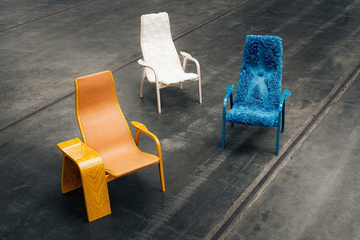 Shape-Shifters exhibition featuring Lab La Bla reinterpretation of Swedese Lamino chair and Flower table design