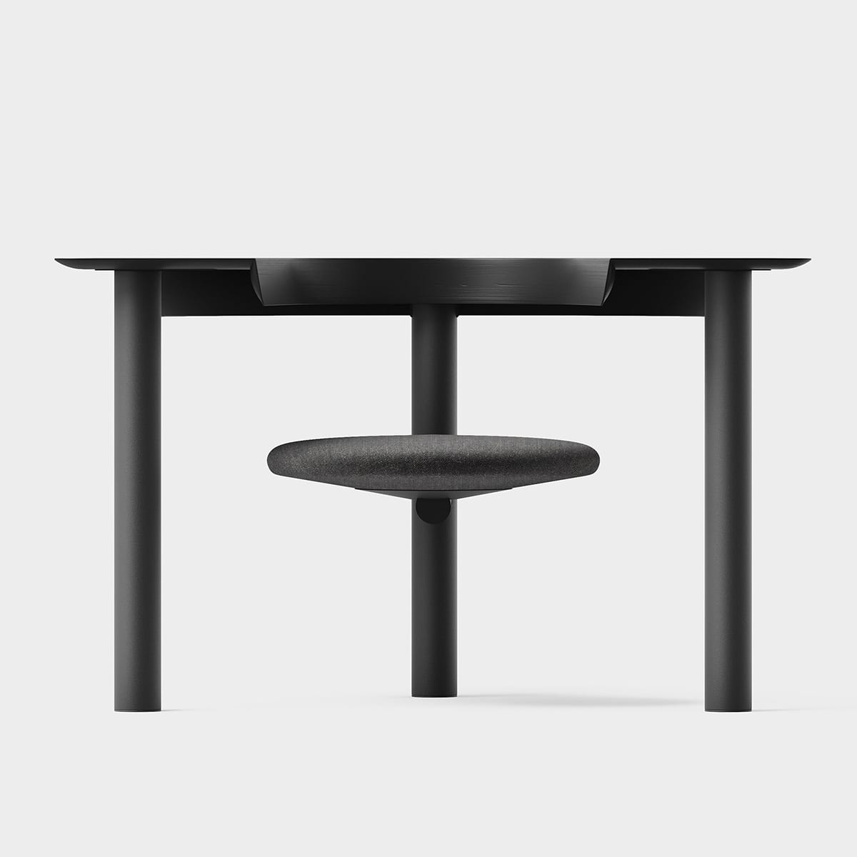 SUI armchair by Raw Edges for +Halle featuring semicircular oak tabletop and circular swivel seat dynamic design