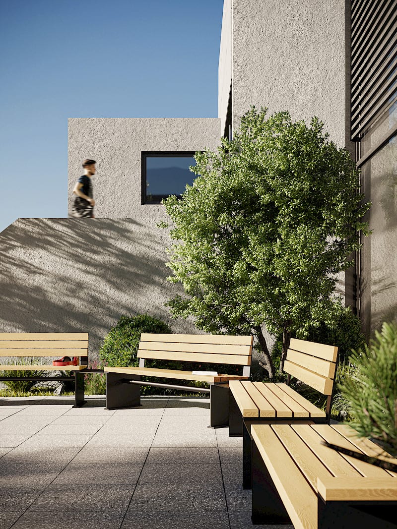Perpendicular bench by Thomas Bernstrand for NOLA featuring sleek wooden slats and steel frame modern design