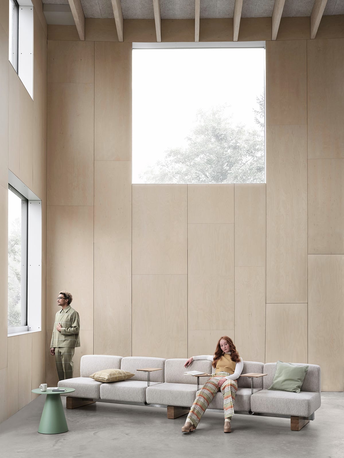 Borselius Bernstrand Rut square sofa system featuring 75x75cm modules with steel beam and oak supports