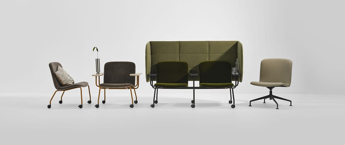 Hybe hybrid seating by Form Us With Love featuring mobile design with castors and partition screens for EFG