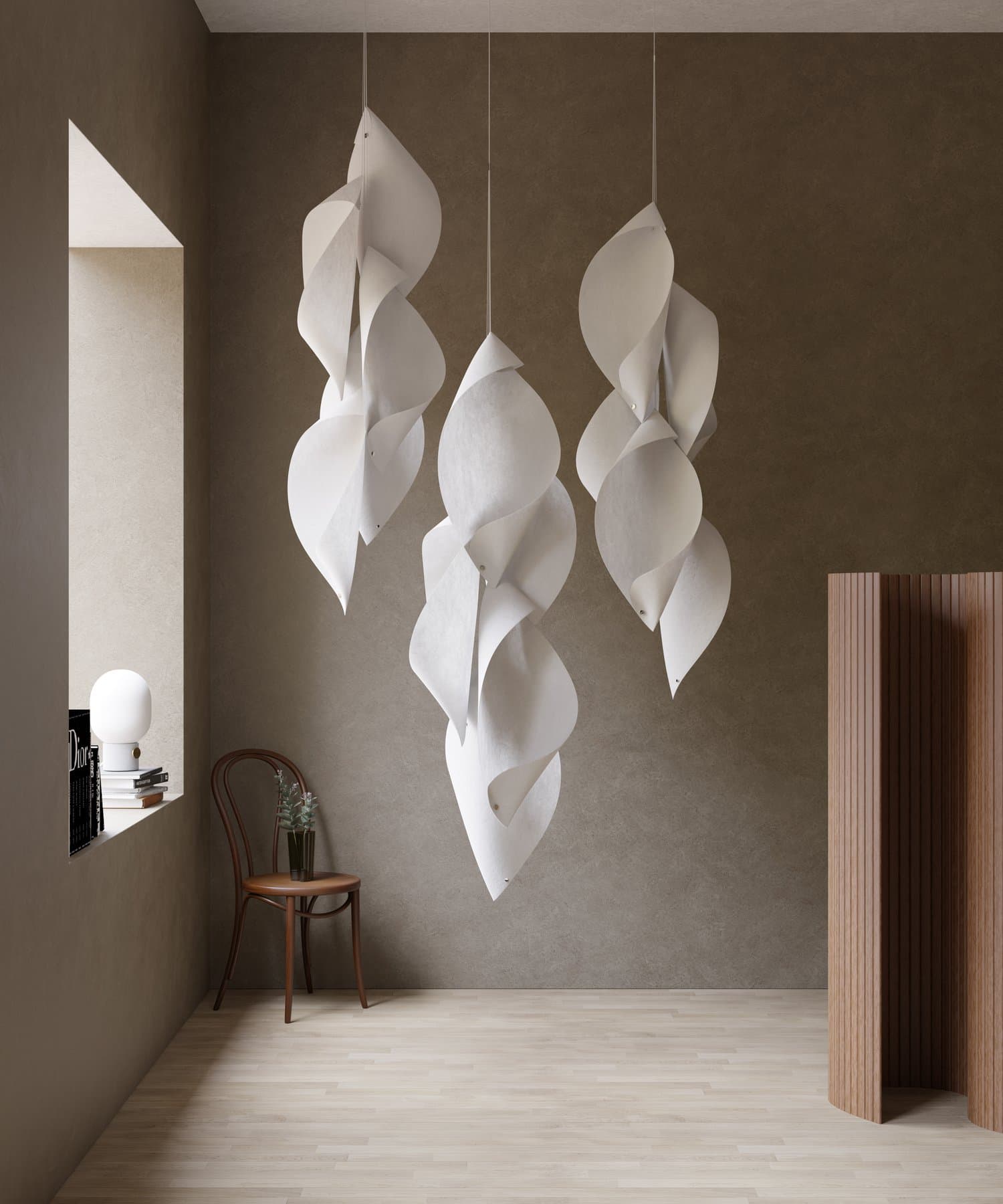 Shell collection overview displaying various sizes and configurations of hemp fiber acoustic pendants