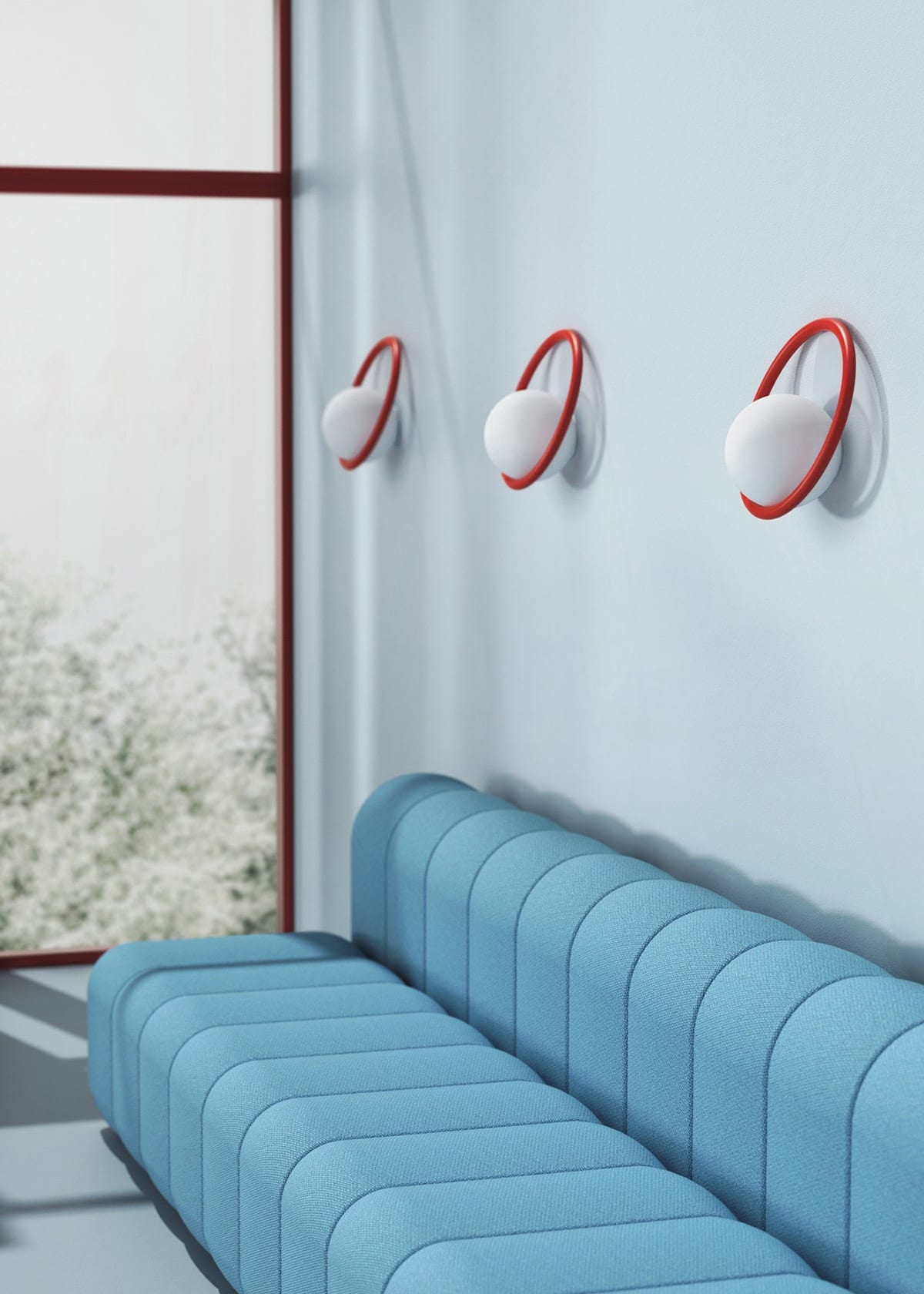Hula Hoop wall lamp by Stefan Borselius featuring colorful ring around opaline glass globe for Swedish Ninja design