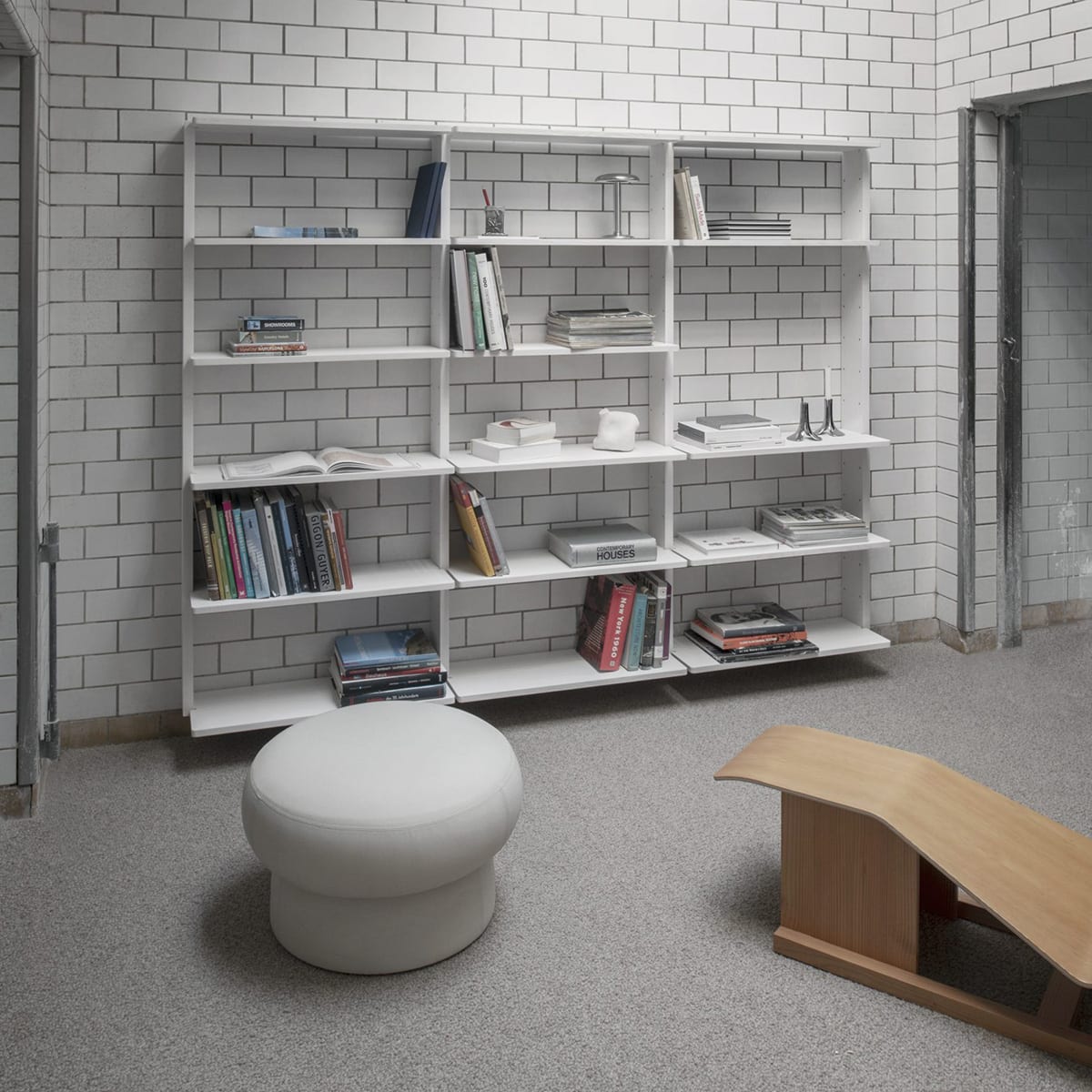 Gridlock wall-mounted shelving system Chris Martin Massproductions FSC ash wood modular storage grid configuration