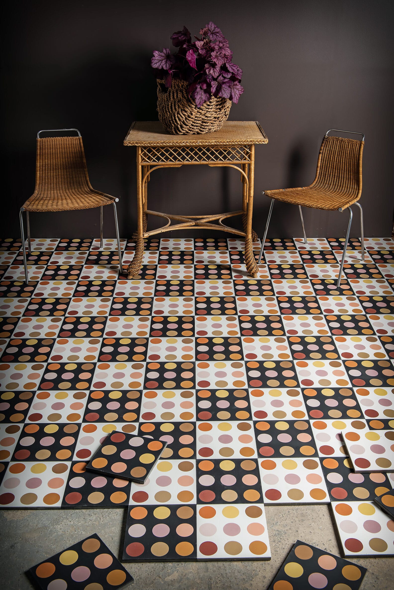 Dots tile series by Mats Theselius for Marrakech Design displaying various pattern and color combinations in an installation
