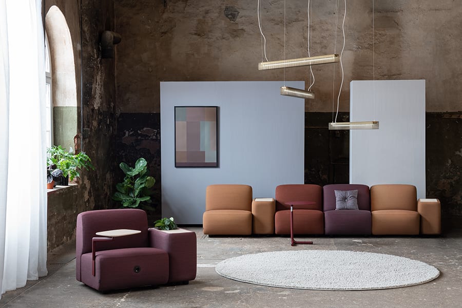 Oas modular sofa system by Fredrik Mattson for Materia shown in multiple configuration possibilities