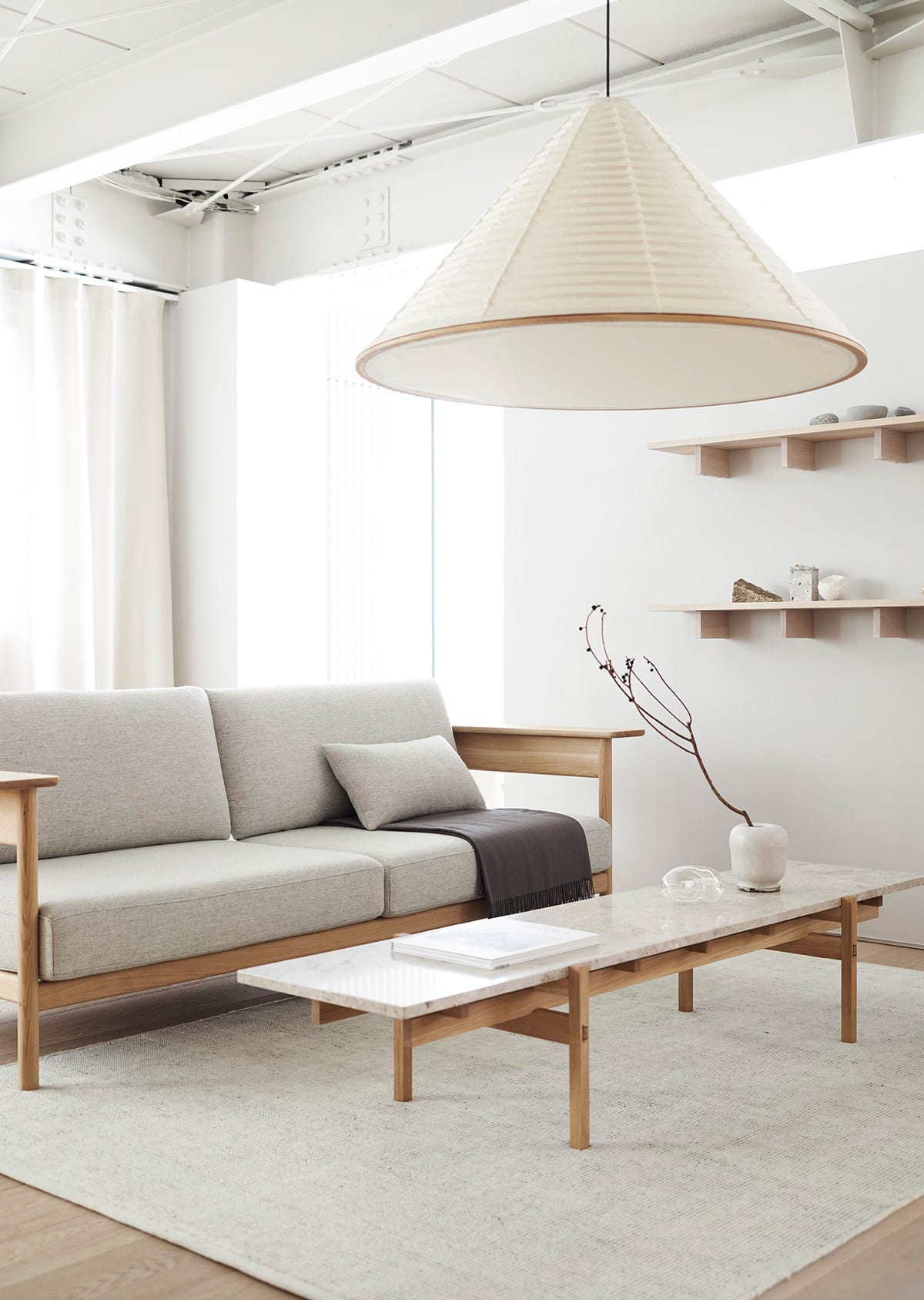 Versatile N-PL01 pendant lamp by Norm Architects for Karimoku showcasing minimalist design with Japanese-Danish sensibility.