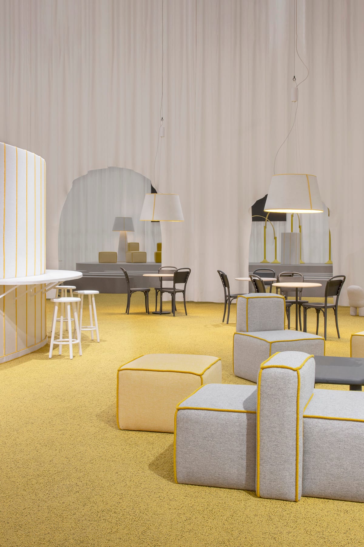 The Yellow Thread bar and stage area designed by Färg & Blanche for Stockholm Furniture Fair with playful textural elements