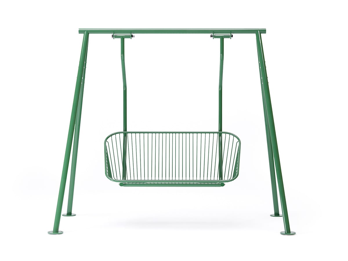 Korg swinging sofa by Thomas Bernstrand for Nola featuring suspended basket-like design for playful outdoor seating experiences