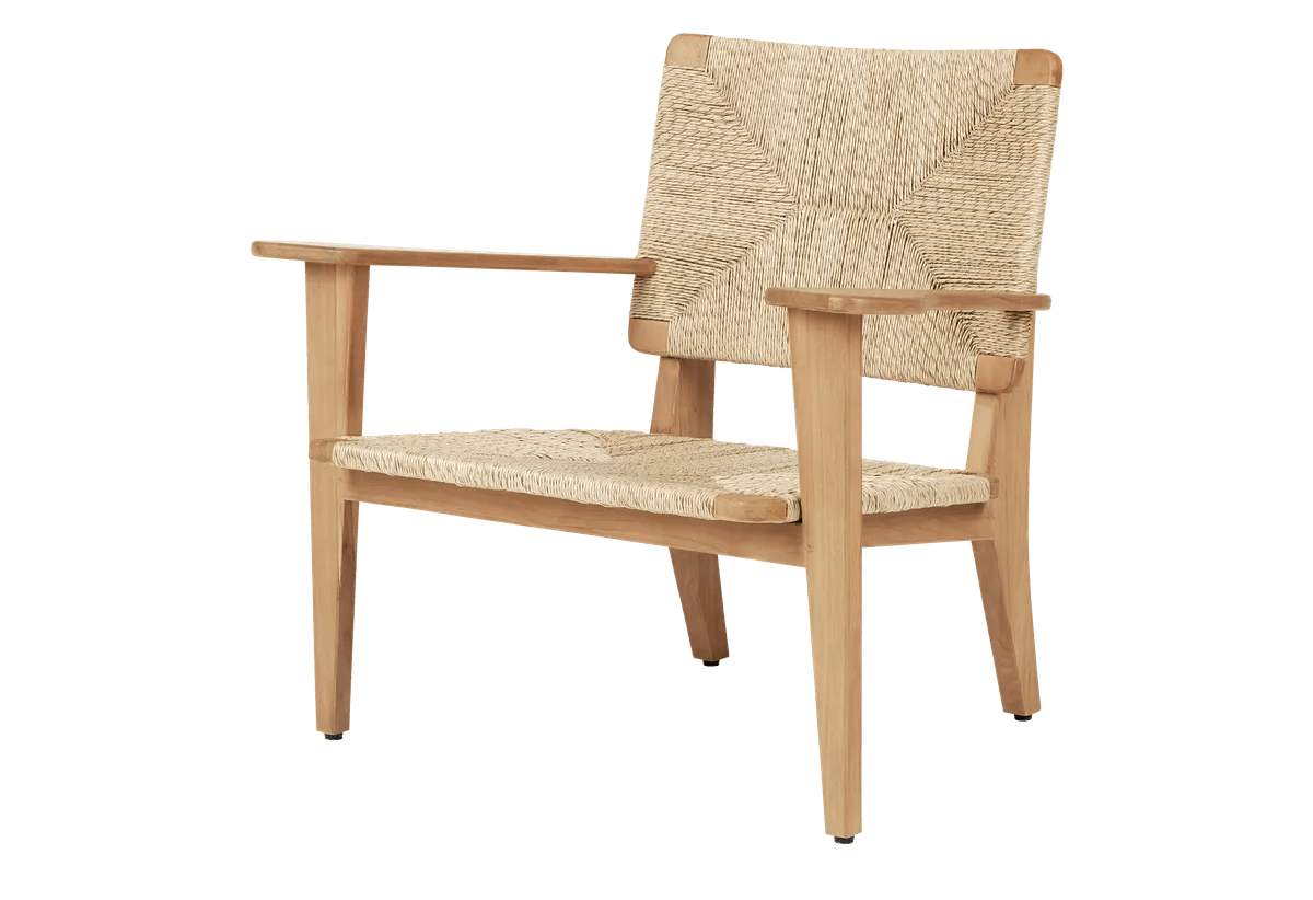 Marcel Gascoin's F-Chair Outdoor Lounge Chair featuring teak frame and weather-resistant woven cord seating