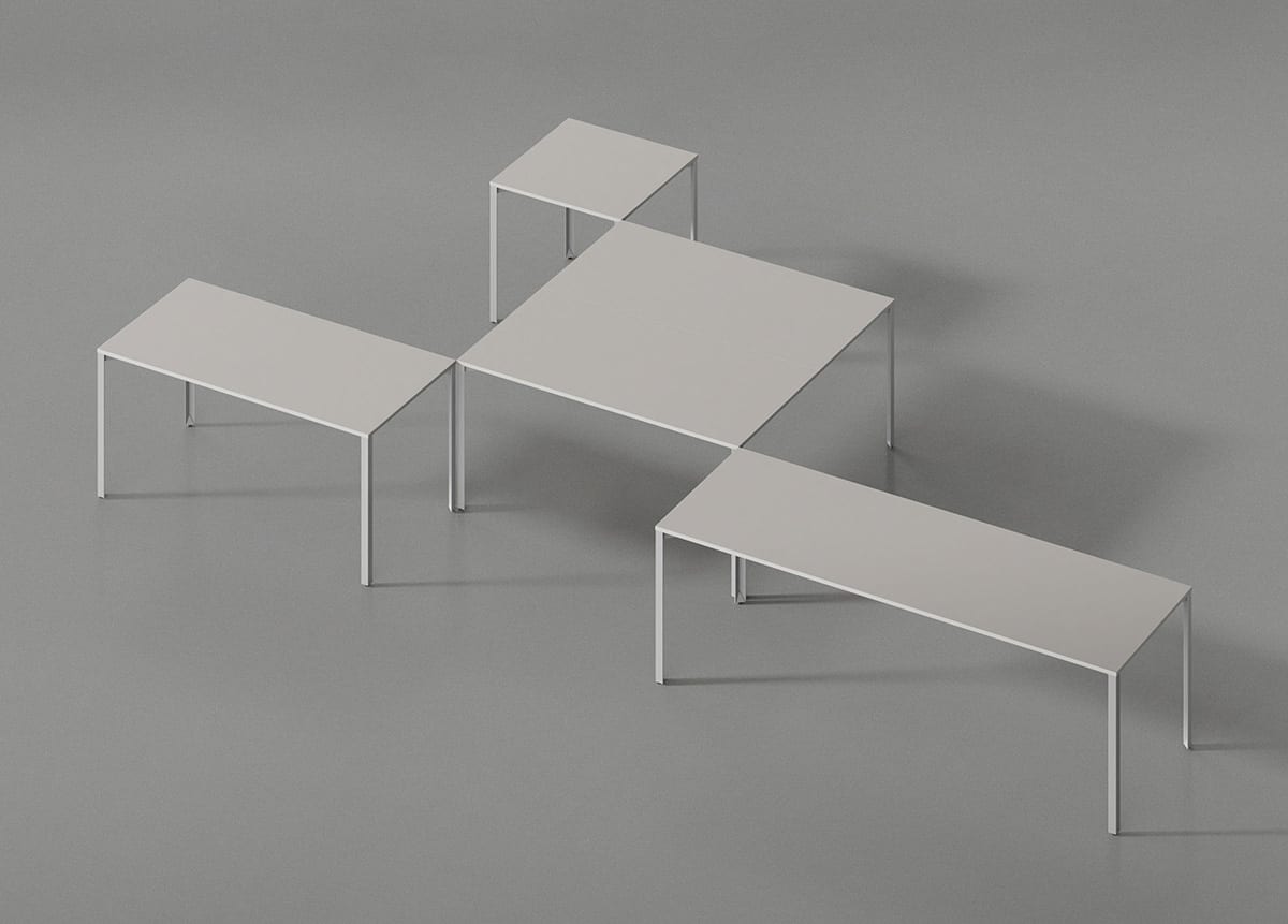 Multiple configurations of Grid Table collection showcasing the system's versatility for various spatial requirements