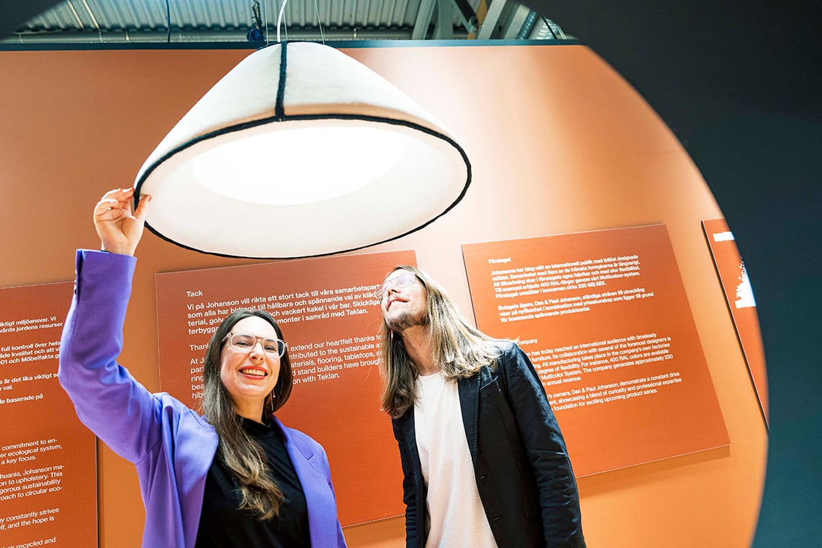 SKETCH pendant lamp by Färg & Blanche for NOON featuring distinctive blanket-stitched edges and sound-absorbing textile design