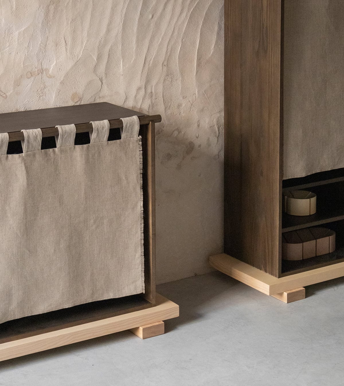 The complete Veil Cabinet collection by Silje Nesdal for Origin Made, featuring both tall and low versions in harmonious arrangement.
