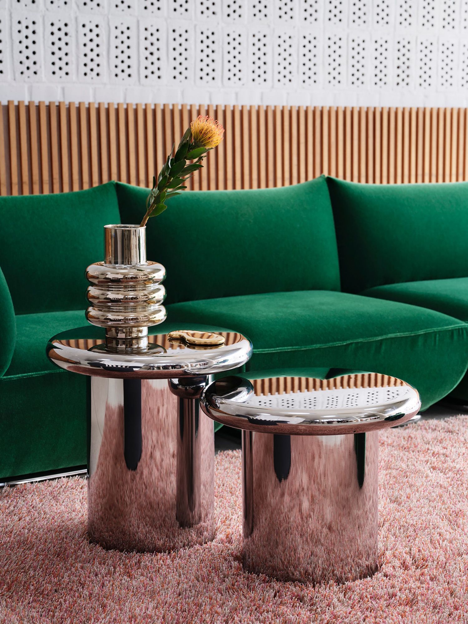 BLANK reflective table by Johan Lindau featuring three distinct mirror surfaces - vertical convex, horizontal curved, and flat top