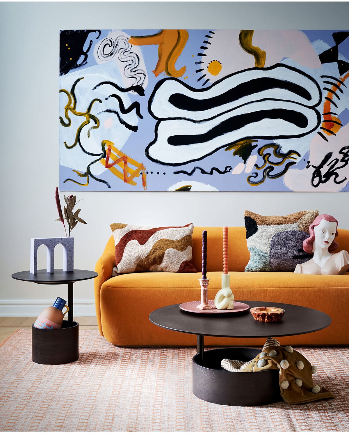 Parasol coffee table in contemporary living room setting showcasing floating design and Scandinavian aesthetics