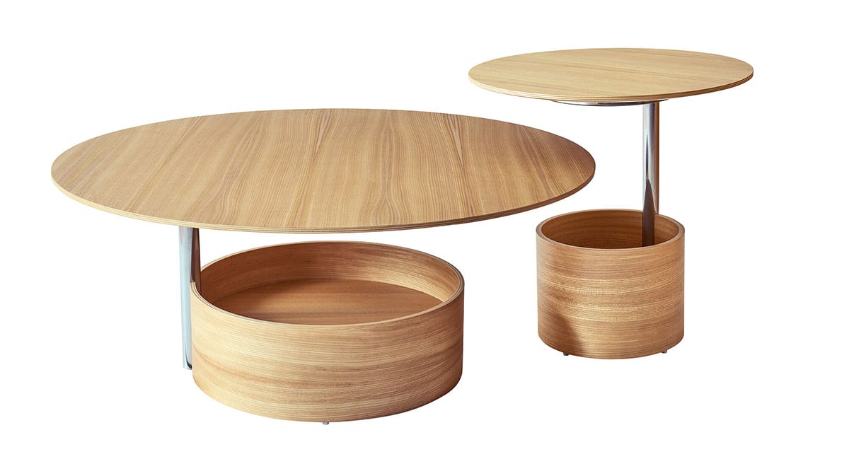 Parasol coffee table collection showing both S and L sizes with natural and dark stained oak veneer options