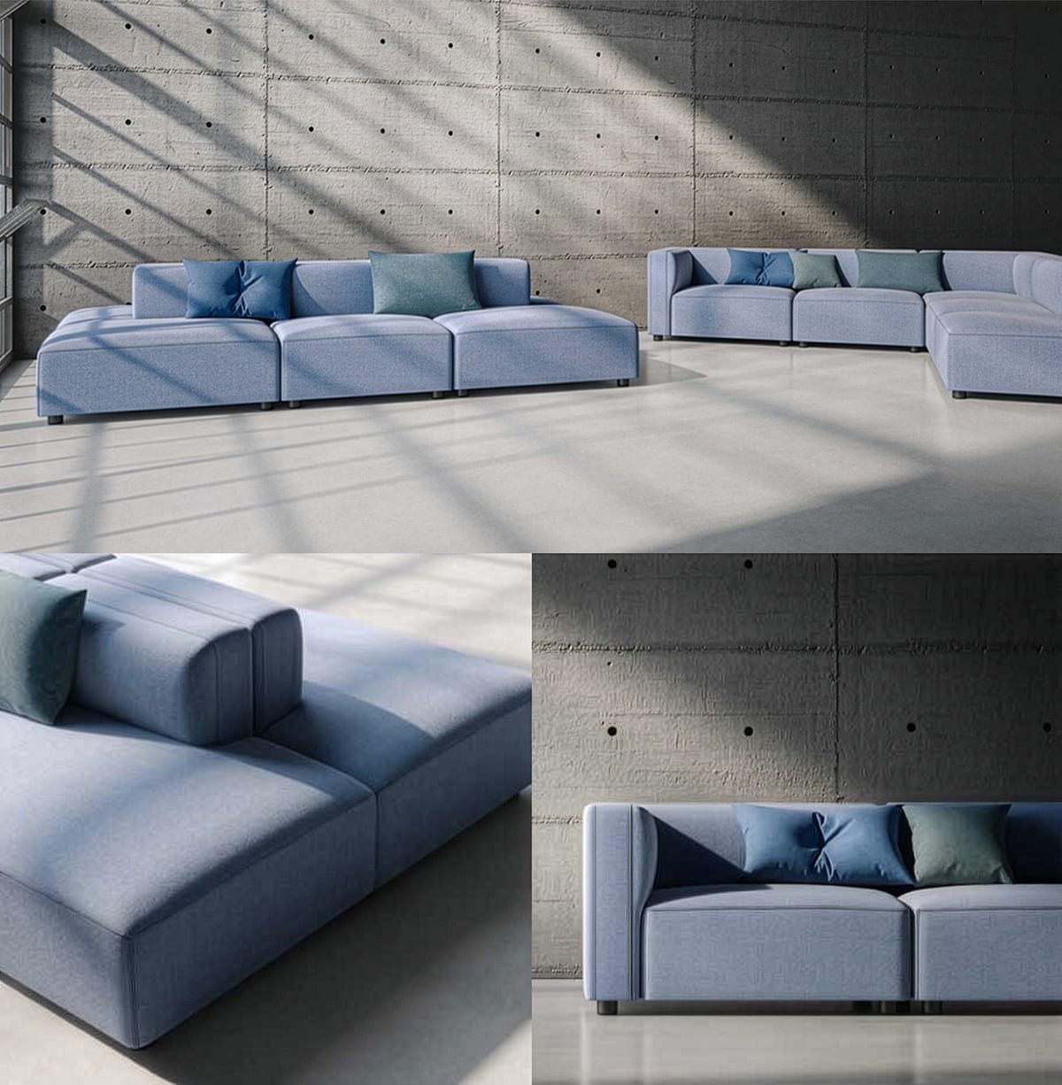 Maia modular seating system by Antti Kotilainen for Martela, showing multiple sofa modules, bench, and armchair configuration in light upholstery.