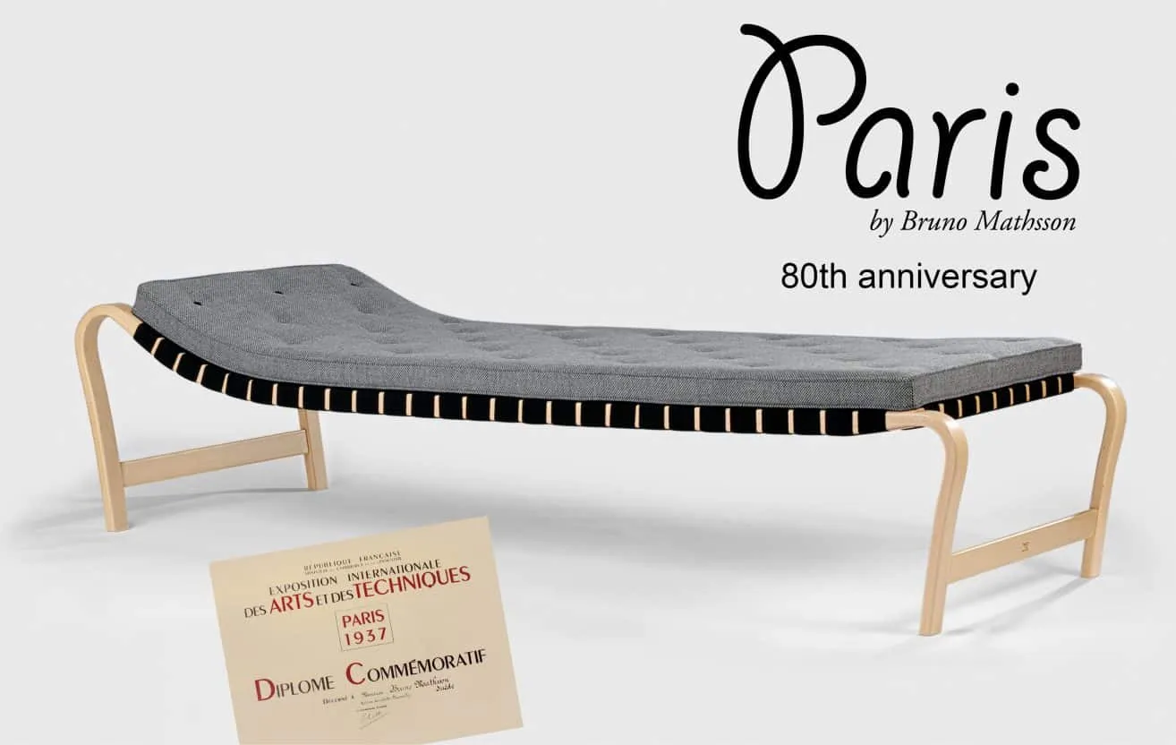 Bruno Mathsson Paris daybed featuring bent laminated beech frame with plaited webbing celebrating 80th anniversary