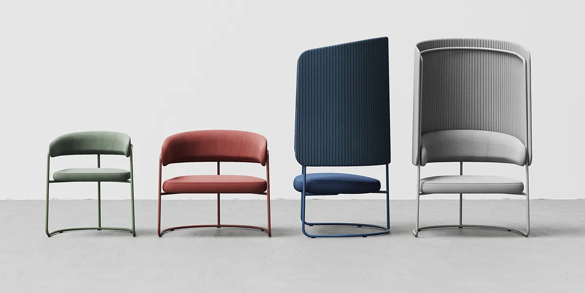 Opus chair collection displaying various configurations for modern workplace and breakout space applications