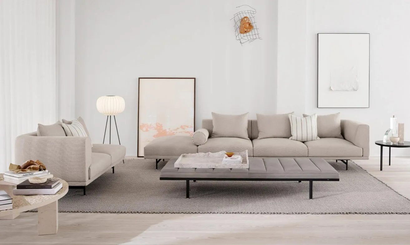 Vipp 581 Paper Floor Lamp overview showing textured paper shade on dark oak tripod base in minimalist interior setting