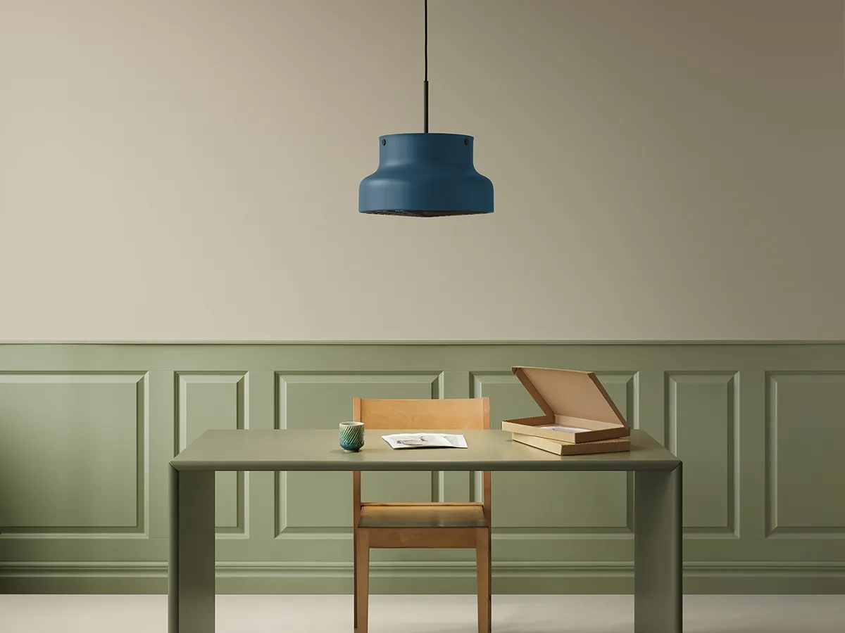 Bumling pendant lamp by Anders Pehrson showing classic aluminum shade with new color options