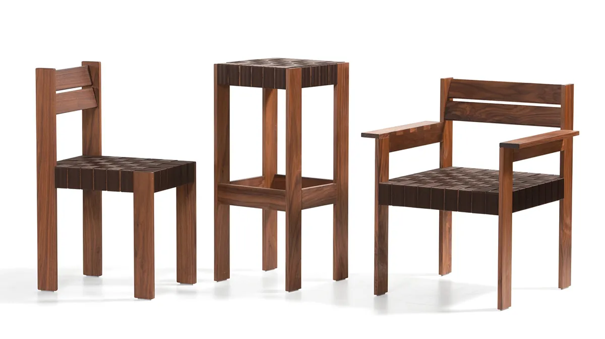 Momang family easy chair and bar stool with wood frame and textile saddle by Johan Lindau
