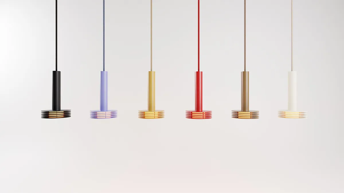 Sprinkle pendant by Note Design Studio for Zero Lighting with geometric silhouette and slatted shade