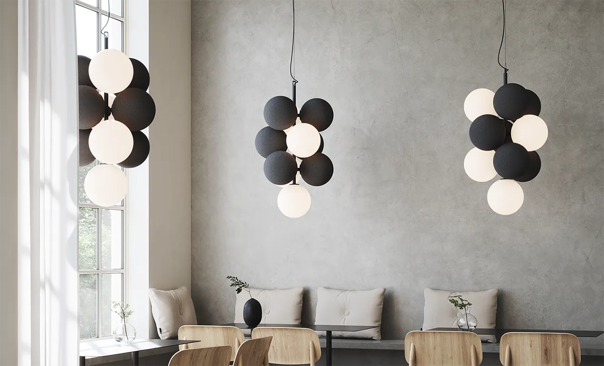 Holly acoustic lighting featuring sculptural orb cluster by Runa Klock and Hallgeir Homstvedt