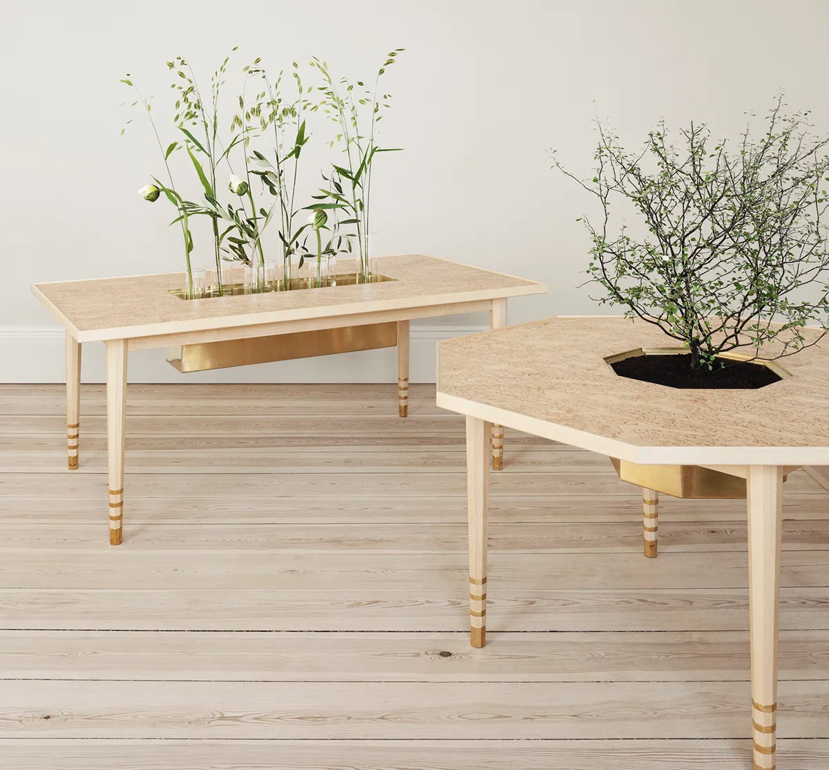 Nordan table Masur birch top octagonal brass legs Bernadotte Kylberg Garsnas design