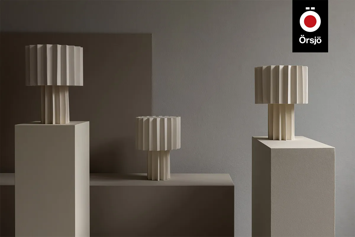 Plissé White Edition pleated textile table lamp by Folkform for Örsjö, Lighting of the Year 2022