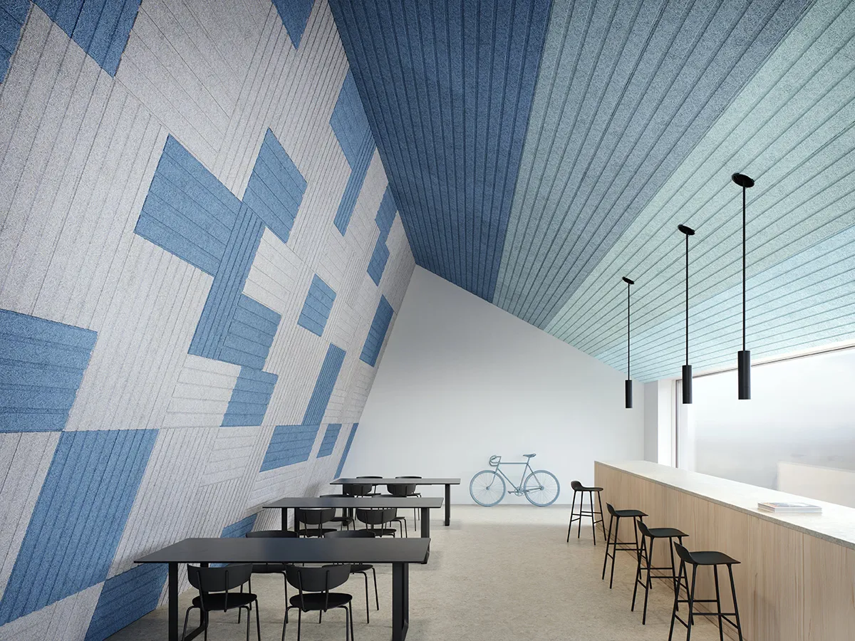 BAUX wood wool acoustic ceiling panels featuring natural wood fiber cement water construction and pattern design