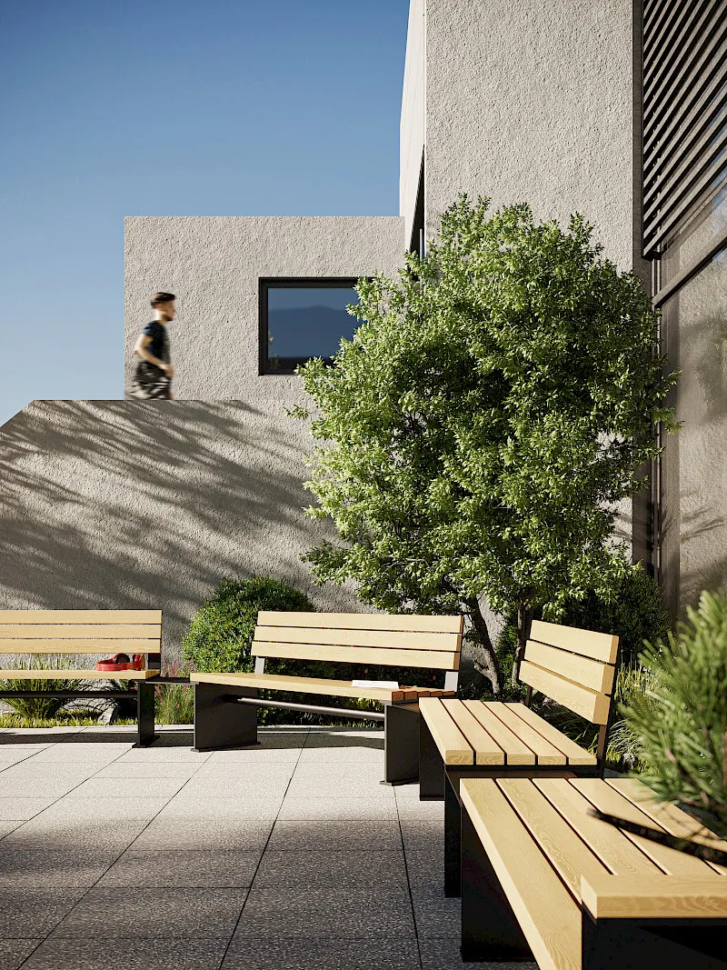 Perpendicular bench by Thomas Bernstrand for NOLA featuring sleek wooden slats and steel frame modern design