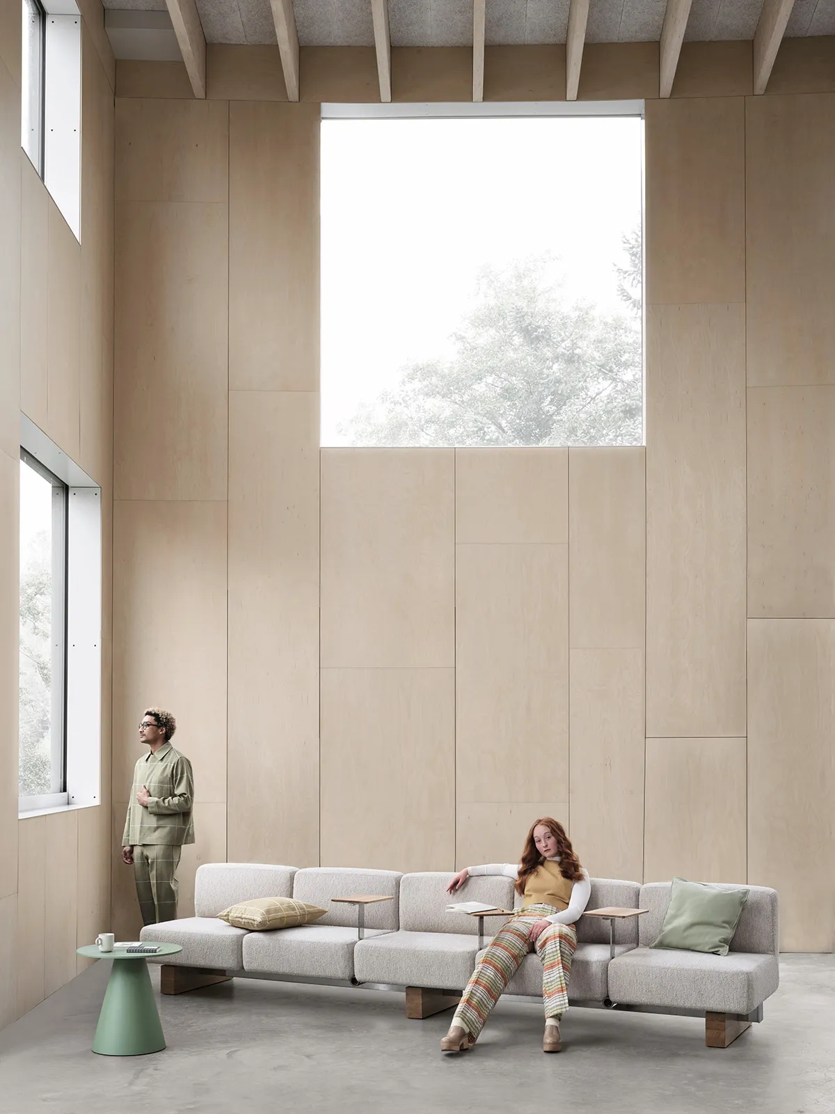 Borselius Bernstrand Rut square sofa system featuring 75x75cm modules with steel beam and oak supports