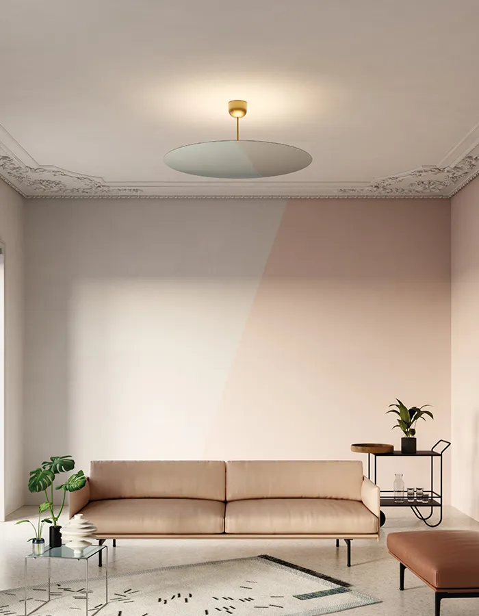 Daniel Rybakken Millimetro lamp featuring thin circular reflecting disk with upward LED illumination