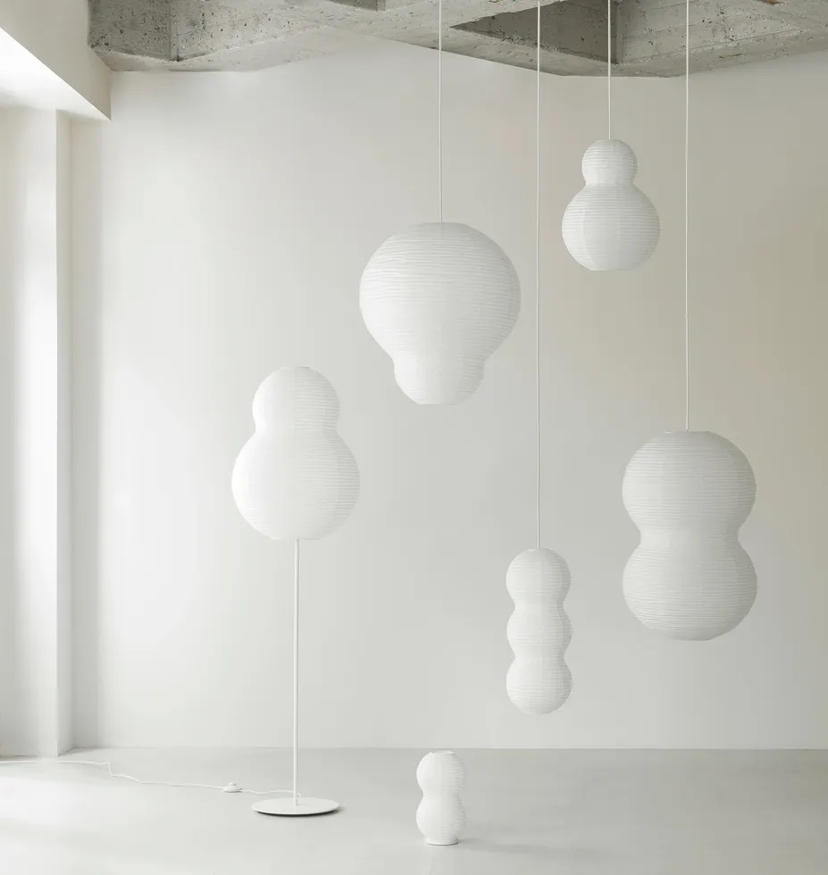 Complete Puff lighting series displaying various organic shapes in contemporary Danish lighting design