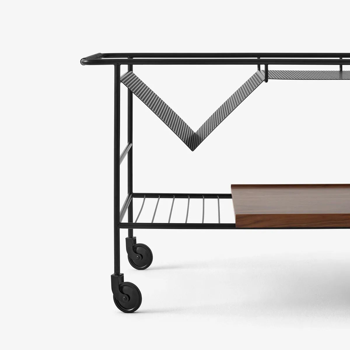 &tradition Alima trolley by Note Design Studio featuring V-shaped book storage and leather-wrapped handle