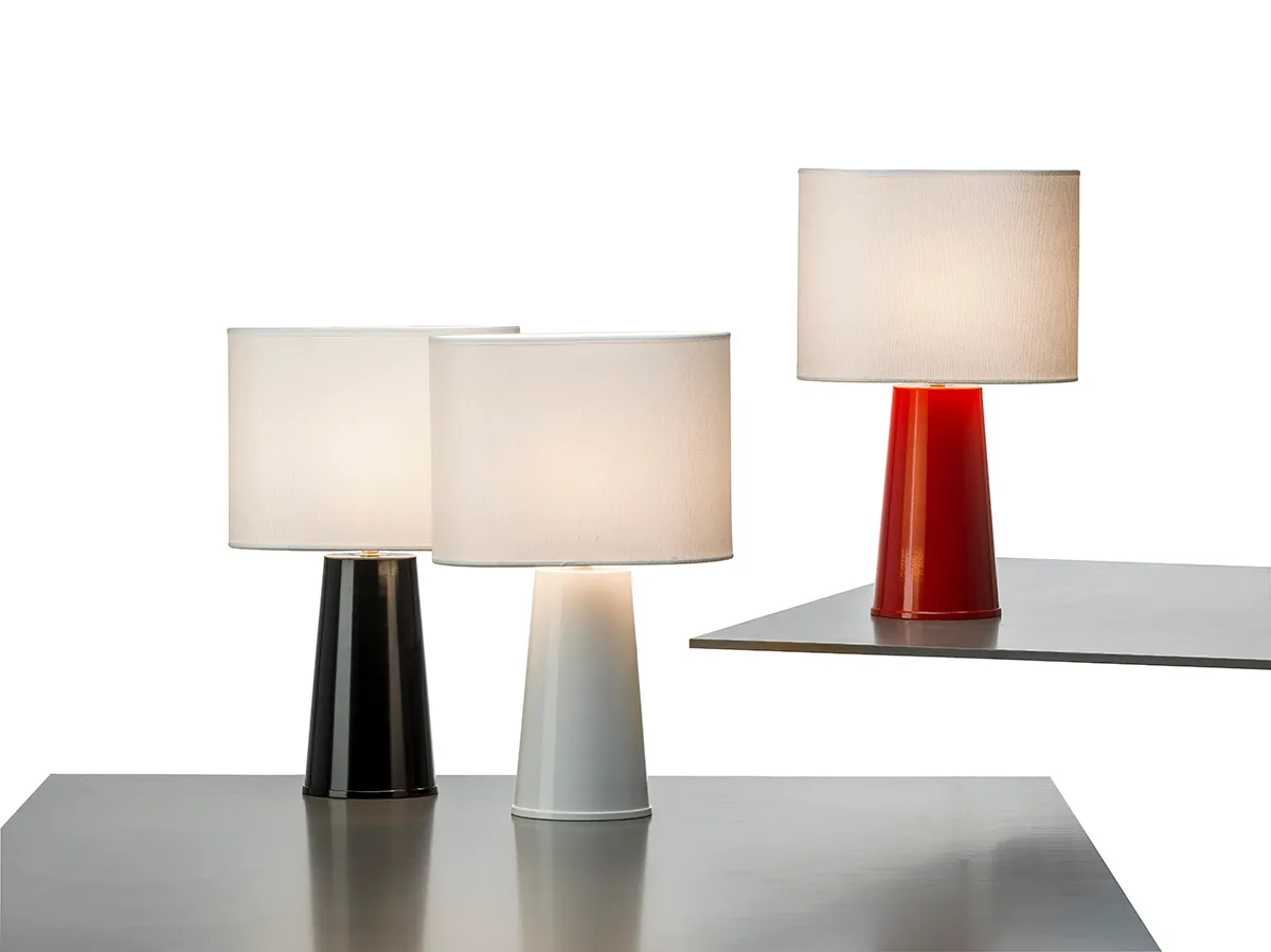 Complete Ella lamp collection featuring black white red lacquered base options light fabric shade various size configurations