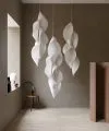 Shell collection overview displaying various sizes and configurations of hemp fiber acoustic pendants