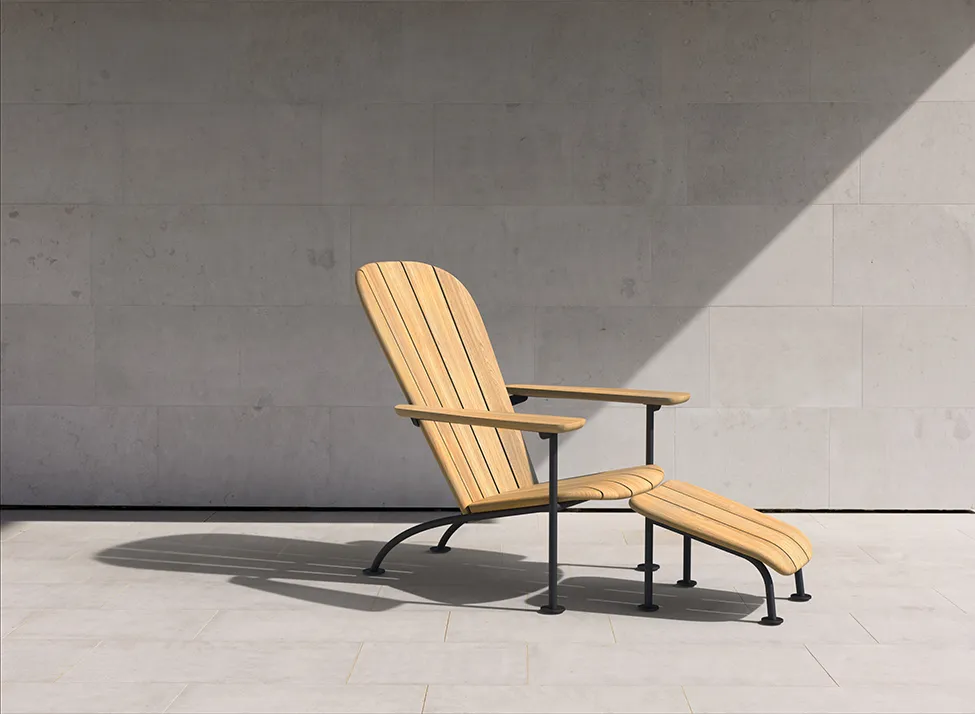 Böste outdoor lounge chair by Stefan Borselius for Skargaarden, made with FSC teak and steel frame