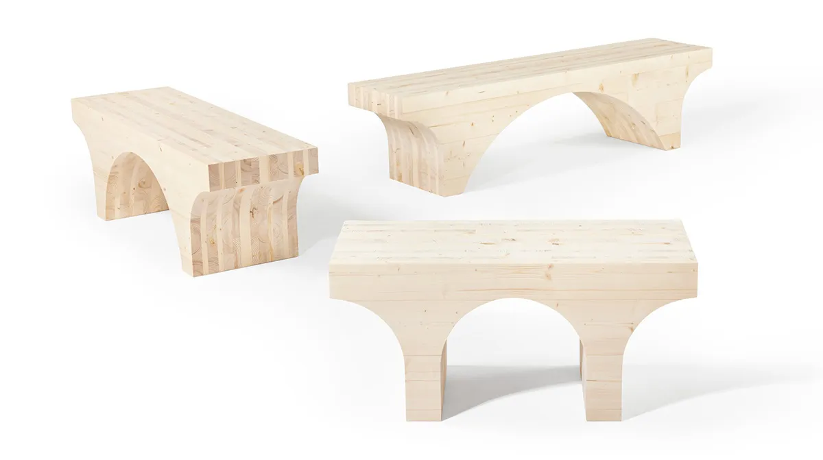 Anki Gneib cross-laminated timber bench for Nola showcasing sustainable indoor seating design