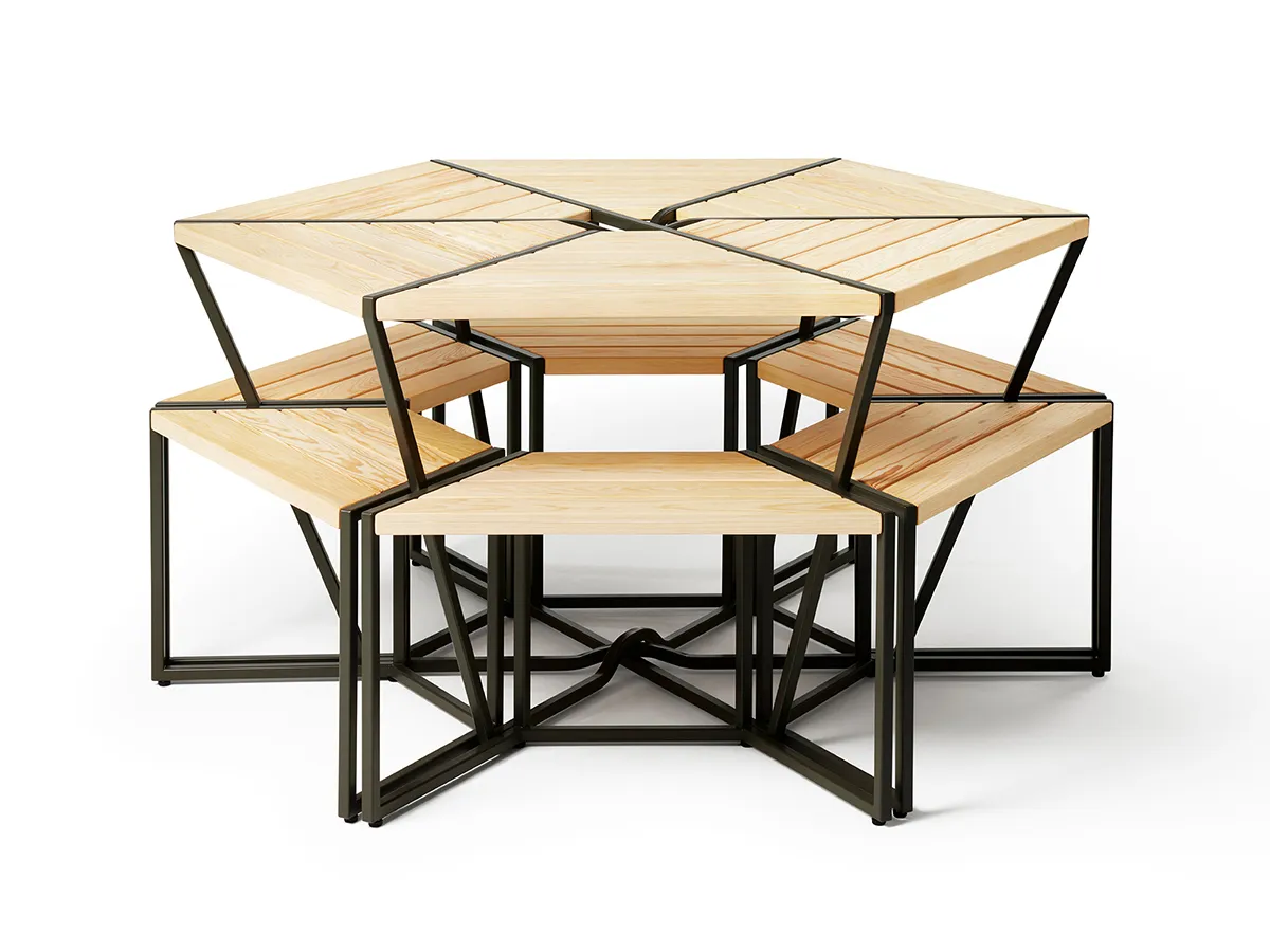 Hexagon H22 furniture group by In Praise of Shadows for Nola featuring hexagonal table with six compact stools