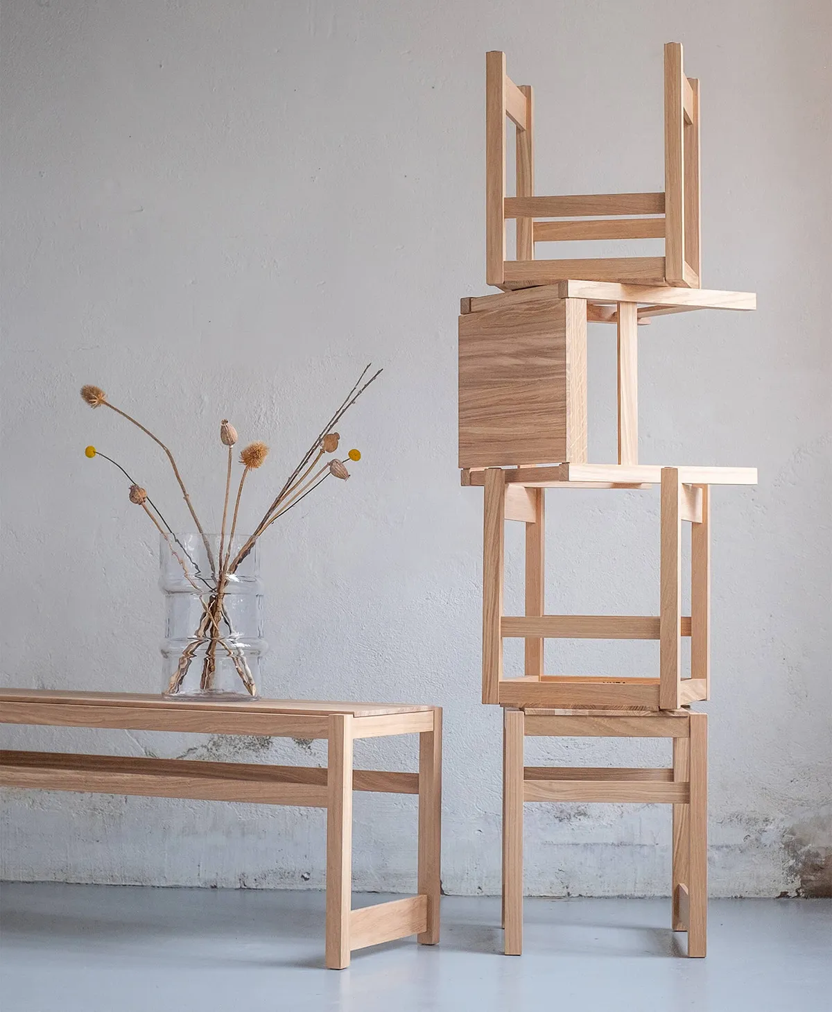 V DE 06 bench and stool by David Ericsson for Verk featuring essential forms and traditional Scandinavian craftsmanship